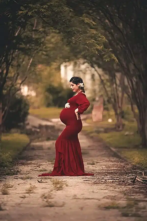 red mermaid long sleeve maternity dress