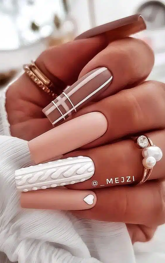 Brown Peach and white cable knit sweate nails