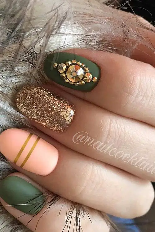 Olive green nails gold gems