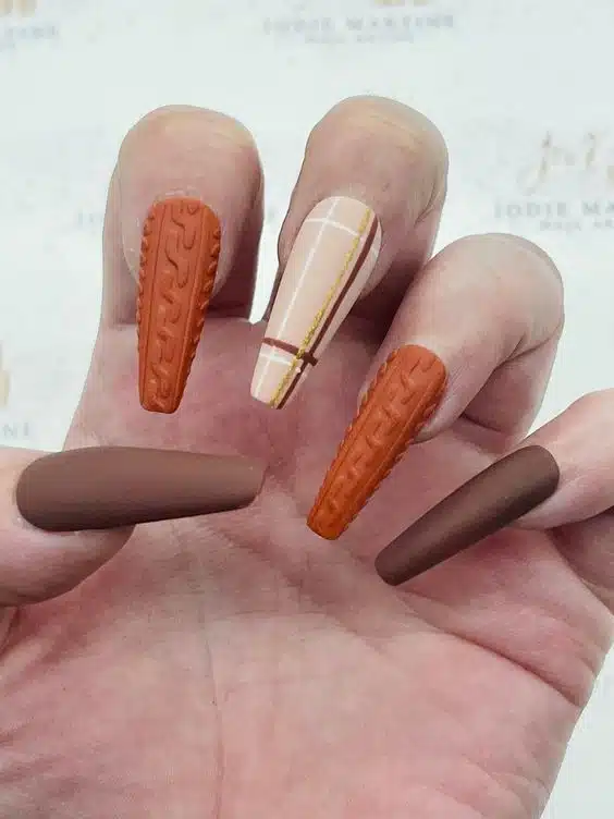 Orange and Brown Cable knit Sweater NAils