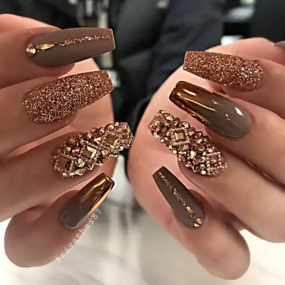 Taupe and Gold Gems NAils