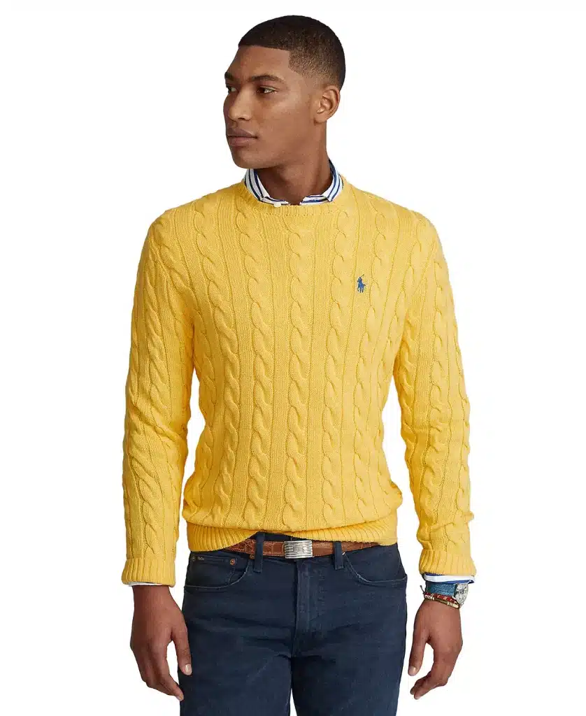 Yellow Mens Cable Knit Cotton Sweater