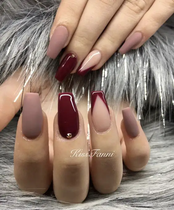 beige and burgandy gloss and matte nails