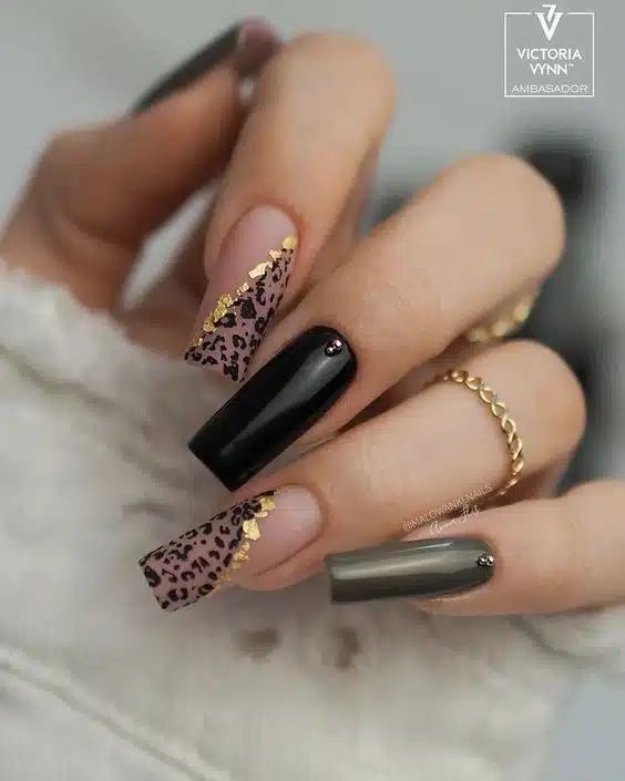 black gold foil and leopard print nails