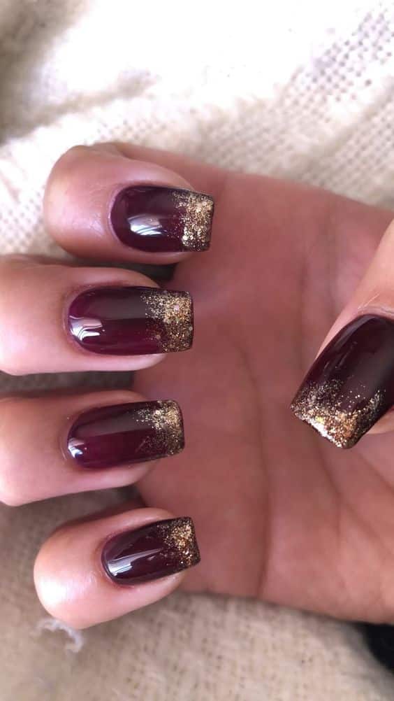 burgandy nail gold dust french tips