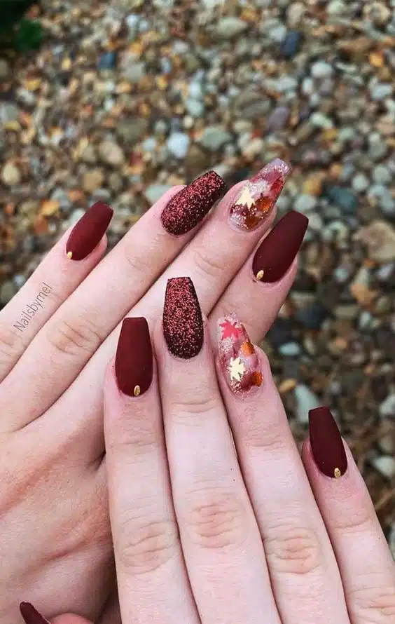 burgundy and gold fall leaves nails