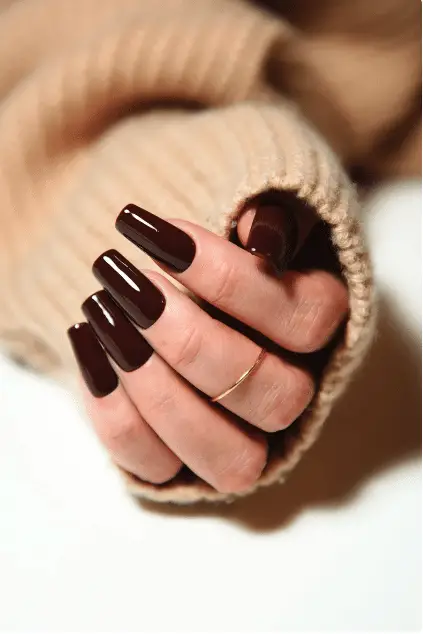glossy dark brown nails