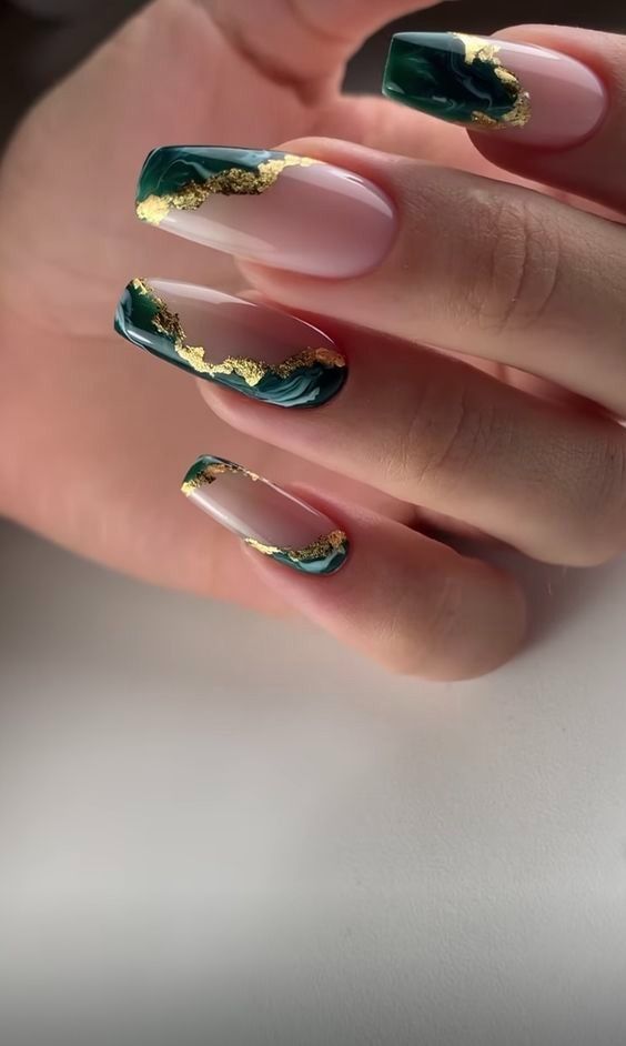green marble and gold foil nails