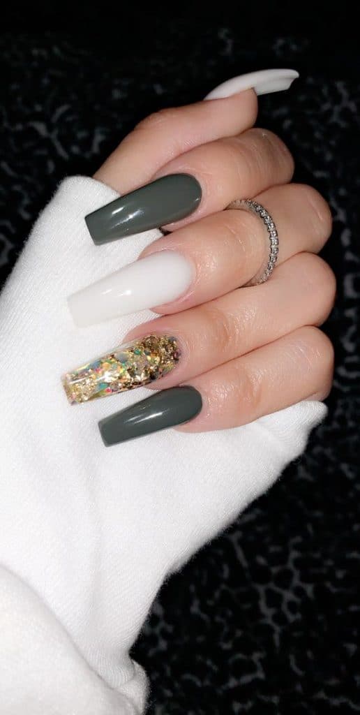 grey green white and gold nails
