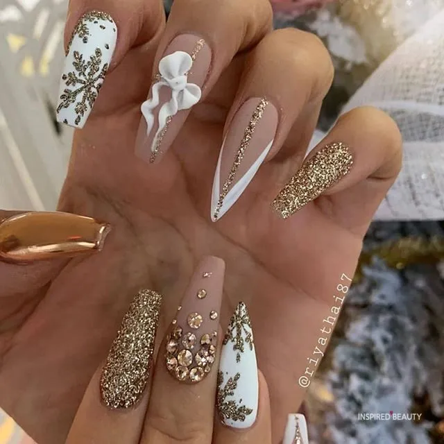Gold Glitter and White bows nails