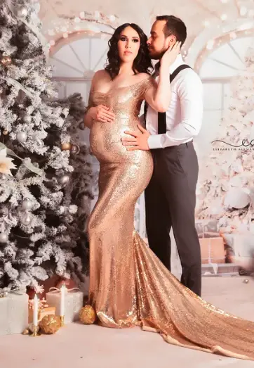 gold and white maternity dress