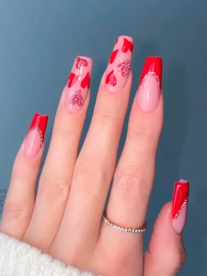 Bright Red Bold Hearts nails