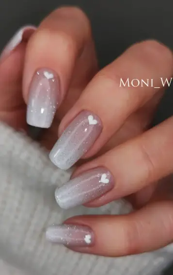 Nude White Heart Nails