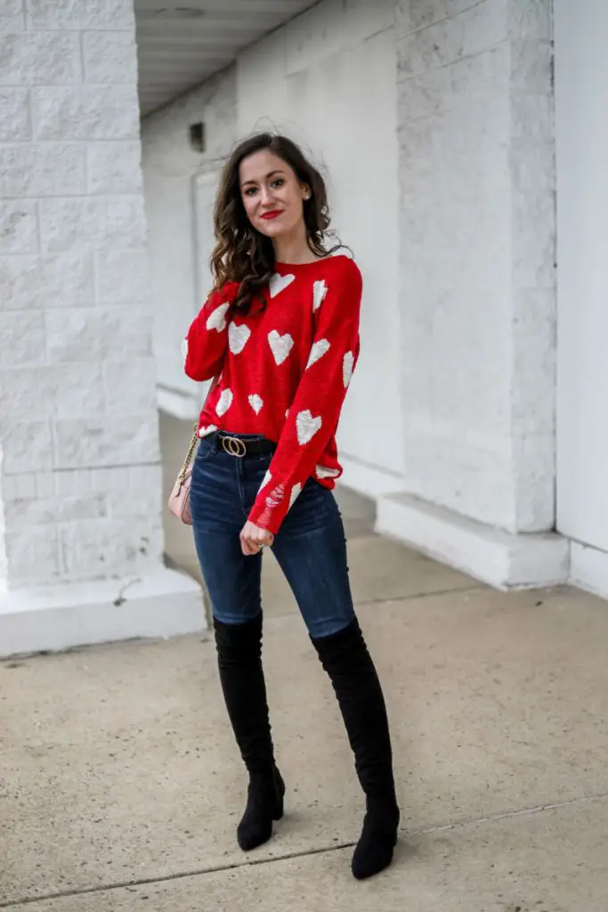Red and White Hearts Sweatshirt Jeans Knee High Boots VDO