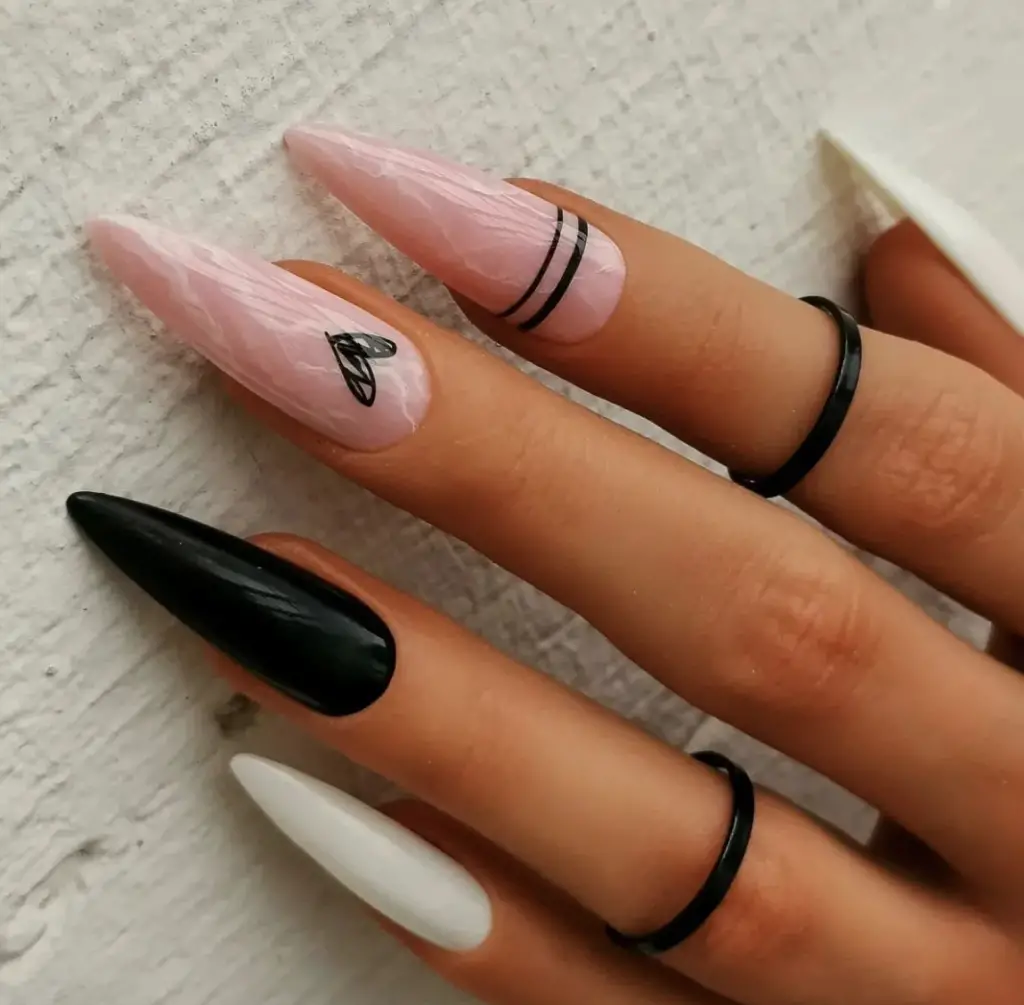 Nude and Black Hearts Nails
