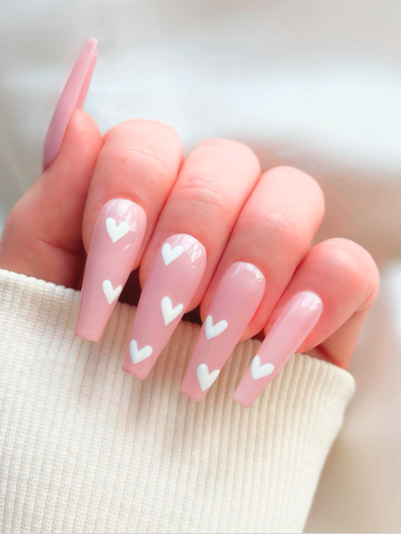 Light Pink and White Heart Nails