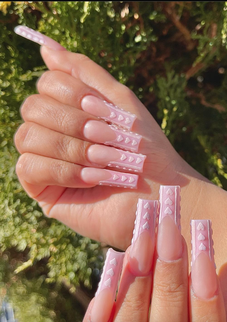 Pale Pink Textrured Heart French Tip Nails