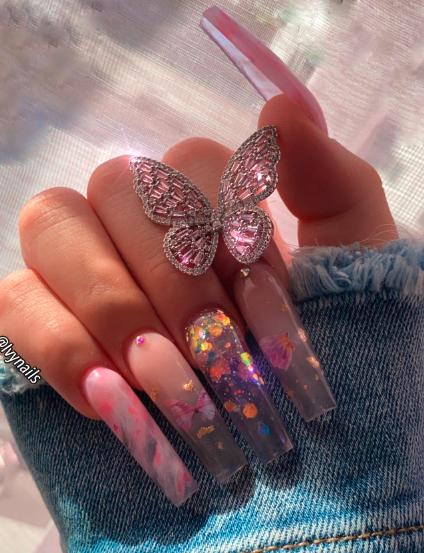 Pink Butterfly and Glitter Nails
