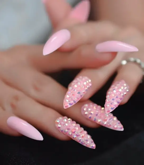 Pink Crystal Stiletto Nails