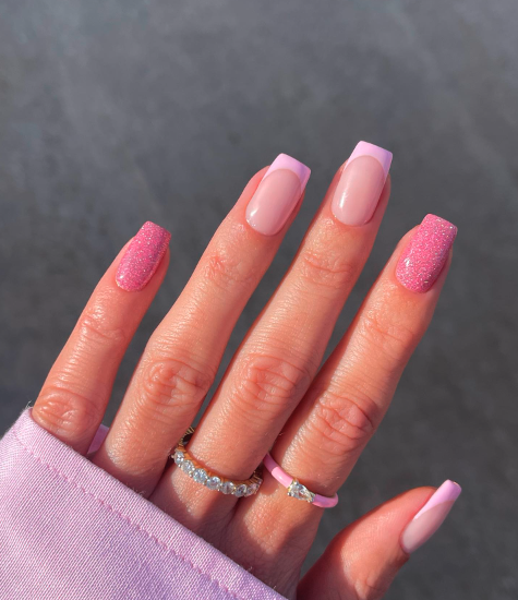 Pink French Tips and Glitter Nails