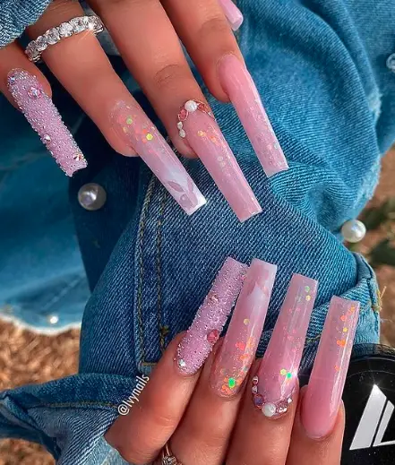 Pink Glitter Rhinestone Nails