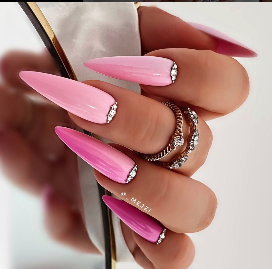 Pink Ombre Stiletto Rhinestone Nails