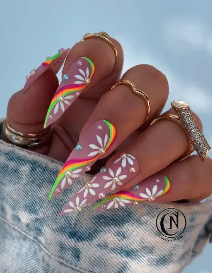 Rainbow Pearls and Daisies Nails