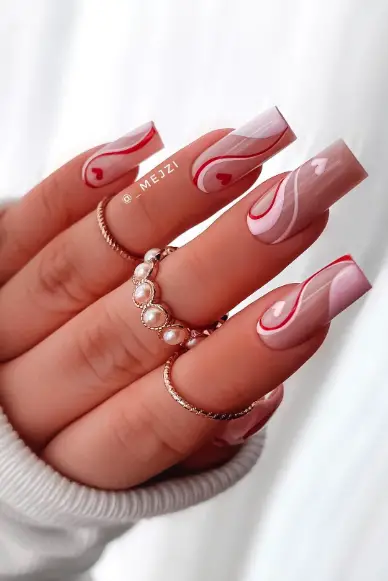 Swirly Pink Heart Nails