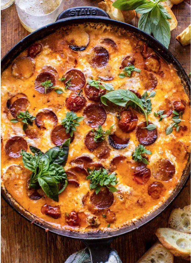 Tomato Burrata Pepperoni Pizza Dip